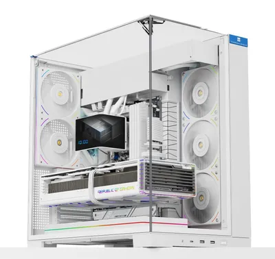 Image de Boîtier gaming ATX blanc A70, doté d'un panneau en verre trempé panoramique sans colonnes sur trois côtés, de 8 emplacements pour ventilateurs de processeur, d'une circulation d'air à 4 voies, et d'un système de montage vertical pour carte graphique sans outils, avec fonction de protection contre les chutes – A70