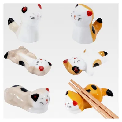 Produktbild von 6 Stück Keramik Stäbchenhalter Katzen für Essstäbchen