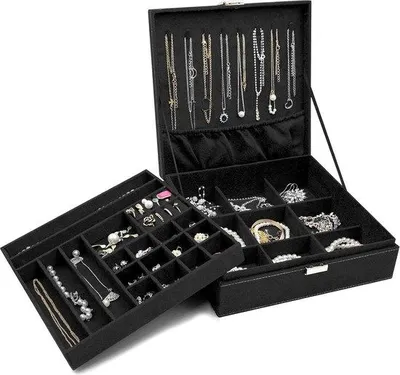 Produktbild von Famanu Schmuckbox Organizer 2 Ebenen für Ohrringe Armbänder Ringe Ketten - Schwarz Schmucketui