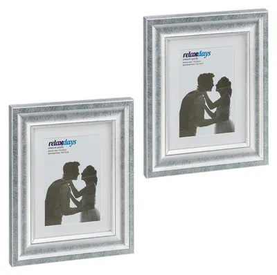 Productafbeelding van Relaxdays set van 2 fotolijsten, 15x20 cm, geschikt voor zowel portret- als landschapsformaten, fotolijsten om op te hangen of neer te zetten, met passe-partout, zilverkleurig