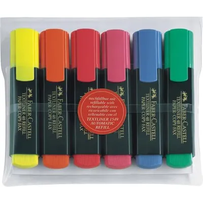 Produktbild von Faber-Castell TEXTLINER 48, 6 Stück(e), Orange, Pink, Blau, Grün, Rot, Gelb, Mehrfarbig, Schwarz, Kunststoff, Polypropylen (PP), Tinte auf Wasserbasis