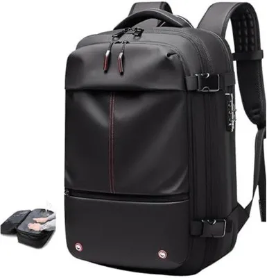 Produktbild von Famanu Rucksack 60L - Wasserfest, erweiterbar mit Vakuumpumpe - 19 Zoll Rucksack mit Diebstahlsicherung (Schwarz)