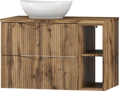Produktbild von Badezimmer Waschtisch mit 80 cm Breite in Eiche mit gerillter Front, 2 Schubladen - CALURI-140