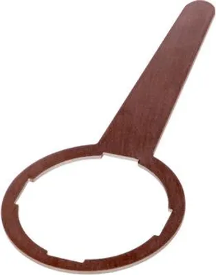 A single, brown, metal tool with a circular head and a long handle, isolated on a white background.