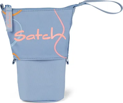 A blue pencil case with pink and orange abstract lines and the brand name 'Satch' printed on it.