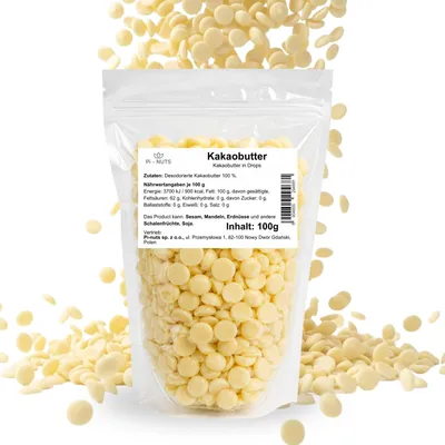 Produktbild von Kakaobutter (Kakaofett) 100% desodoriert in Drops 100g– neutrales Pflanzenfett für Schokolade, Desserts, Cremes und n
