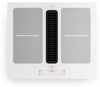 Produktbild von Klarstein Full House Induktionskochfeld mit Dunstabzug 60 cm – 4 Zonen, Flexzonen, 7335W Boost, Touch-Steuerung, Timer, Kindersicherung, Restwärmeanzeige, integrierter Abzug, Glaskeramik, White