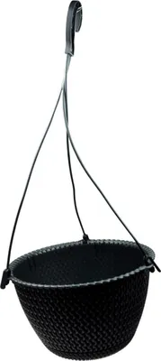 A black hanging planter basket with a woven rattan-like texture, suspended by three thin wires attached to a hook.