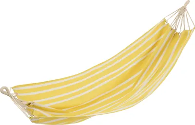 A yellow and white striped hammock is suspended against a white background.