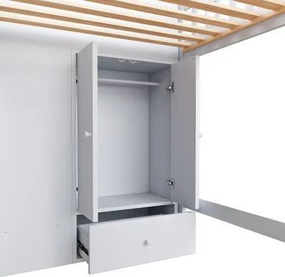 Produktbild von Hochbett mit Kleiderschrank und Lattenrost, 90x200 cm, Kinderbett mit Rausfallschutz, Regal, Treppe, Stauraum