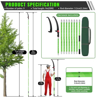 Image de Scie élagage télescopique - Scie à bois - Portée jusqu'à 9 mètres - Lame en métal - Manuelle - Pour les branches hautes