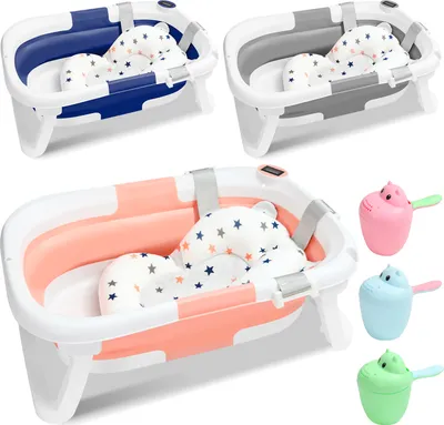 Produktbild von Bettizia Baby Badewanne Faltbar mit Thermometer und Badekissen - Faltbare Badewanne Baby - Babywanne - Rosa