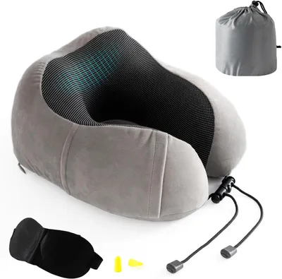 Produktbild von Reisekissen aus Memory-Schaum mit Nackenmaske, Ohrstöpseln und Tragetasche, grau, für Flugzeug/Zug