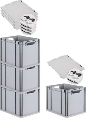 Produktbild von SuperSparSet 4x Eurobox NextGen Economy mit Scharnierdeckel und schwarzen Schiebeschnappverschlüssen | Griffe offen | HxBxT 32x30x40cm | 30 Liter | Eurobehälter, Transportbox, Transportbehälter, Stapelbehälter