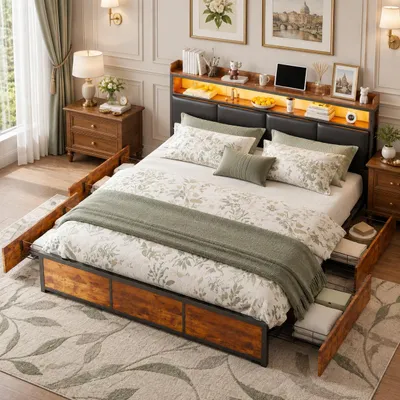 Image de INONEFT, lit capitonné 180 x 200 cm, lit double avec 4 tiroirs et tête de lit, lit pour adultes avec éclairage LED et sommier à lattes, revêtement en PU, Image générée par une IA