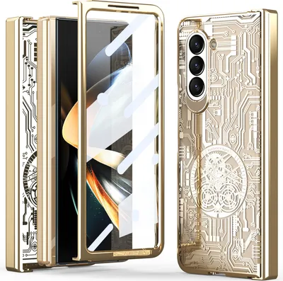 Image de Étui pour Samsung Galaxy Z Fold 5 étui galvanisé de luxe avec protection de la charnière et housse transparente avec film sur l'écran Or