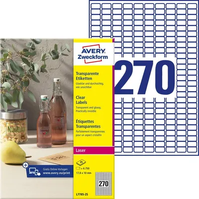 Produktbild von Avery Zweckform L7785-25 Transparente Etiketten, A4, 17,8 x 10 mm, 25 Bogen/6.750 Etiketten, transparent