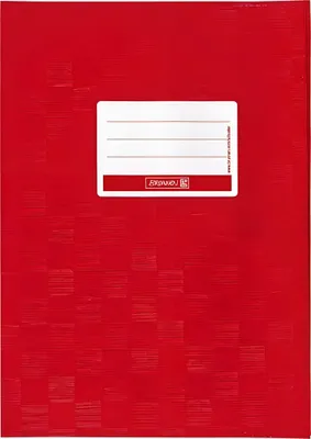 A red notebook cover with a white label for writing information.