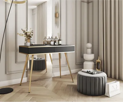 Produktbild von Schreibtisch Glow im glamour Stil Frisiertisch mit Schubladen Schwarz und gold Schminktisch Schreibtisch mit Schubladen, Farbe: Schwarz, Gold