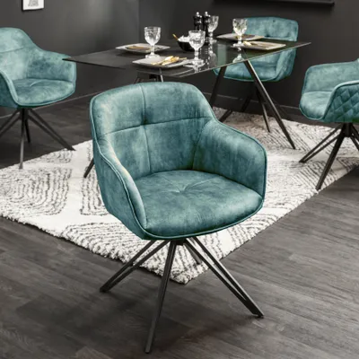 Produktbild von riess-ambiente Drehbarer Design Stuhl EUPHORIA petrol Samt im Retrostil mit Ziersteppung Esszimmerstuhl Armlehnstuhl Drehstuhl