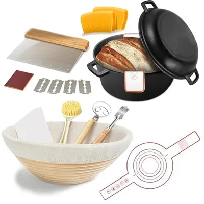 Immagine prodotto di Forno in ghisa - Pentola olandese - Ideale per la cottura del pane - Include accessori per la cottura - Capacità: 5 litri - Colore: nero