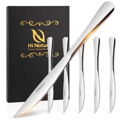 Produktbild von HI NATURE™ Steakmesser Set – 6 scharfe Steakmesser aus Edelstahl, langlebig & robust, elegantes Steakbesteck mit schwarzem Griff für perfekte Schnitte