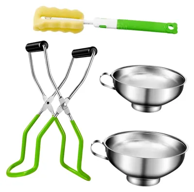 Produktbild von Sicheres Einmachzubehör im 4er-Set mit Edelstahl-Glasheber, Einmachtrichter und rutschfester Zange für einfaches Einkochen und Glasheben in der Küche