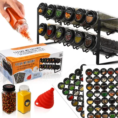 Zdjęcie produktu dla SuperButelki - Przyprawnik metalowy stojak FALA 2 poziomowy + 12x słoiczki na przyprawy + 80x naklejki + lejek GRATIS, organizer kuchenny, zestaw