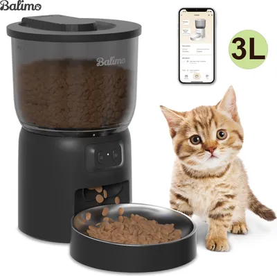 Produktbild von Balimo Futterautomat 3L Schwarz, Katze und Hund, Futterautomat mit App, Smartphone-Steuerung, Für Katzenfutter und Hundefutter, Trockenfutter - WiFi