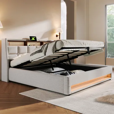 Produktbild von Sweiko Polsterbett mit USB 140x200cm,LED Doppelbett mit Lattenrost aus Metallrahmen,Bettgestell aus Leinenmaterial Jugendbett