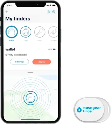 Produktbild von Musegear® Schlüsselfinder mini mit Bluetooth App I Keyfinder laut für Handy in weiß I GPS Ortung / Kopplung I Schlüssel finden