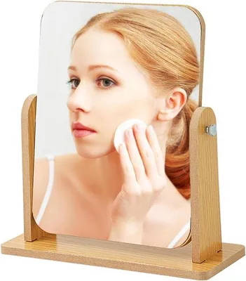 Productafbeelding van Unyqoos® Kosmetische spiegel, 360° draaibaar – grote make-upspiegel met houten frame, HD-spiegel, en voetstuk, geschikt voor kantoor, slaapkamer en badkamer