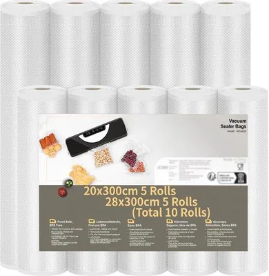 Produktbild von Vakuumbeutel, 10 Stück – Vakuumfolie, 20/28 x 300 cm – BPA-frei – Robust/Reißfest – Für Lebensmittel – Verlängerte Haltbarkeit