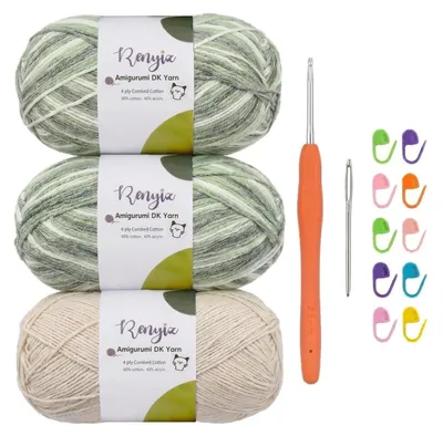 Zdjęcie produktu dla Przędza do szydełkowania, gradient kolorystyczny, 3 x 100g, 60% bawełna, 40%.poliakryl , 4-nitkowa, do szydełkowania igłą o rozmiarze 2,5 mm, idealna dla początkujących, do tworzenia amigurumi, kolor kremowy