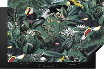 Produktbild von KitchenYeah© Herdabdeckplatte Blumen - Vogel - Collage , 80x52cm, Küche Deko, Glaskeramikkochfeld Herdabdeckung, Abdeckplatte fùr Kochfeld