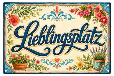 Produktbild von Blechschild 20x30cm Lieblingsplatz mit Blumen Retro Vintage Metallschild Gartendeko AstraDesign