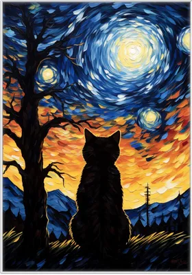 Produktbild von Wallario Wandbild Katze im Sternenlicht, Größe: 70,30 x 100,30 cm, Poster mit weißem Kunststoffrahmen