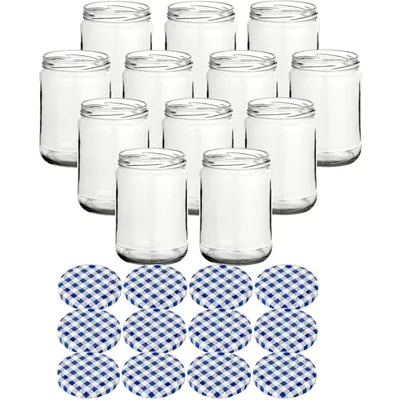 Produktbild von gouveo 12er Set Einmachgläser 580 ml Klassik mit Schraubdeckel karo-blau BLUESEAL - Vorratsgläser mit Drehverschluss TO82 - Leere Einkochgläser