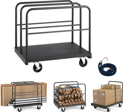 Zdjęcie produktu dla Wózek panelowy SucceBuy, nośność 816 kg, wózek transportowy 2 w 1 z kółkami obrotowymi 360°, wózek panelowy z 4 uchwytami bocznymi, pomoc w transporcie do warsztatu, magazynu i garażu, czarny 914x610x858 mm