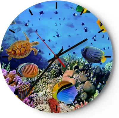 Produktbild von Wanduhr - Rund - Glasuhr - Korallenriff - 40x40cm - Schleichendes Uhrwerk - Lautlos - zum Aufhängen bereit - Dekoration Modern - Wanddekoration aus Glas - C3AR40x40-3569