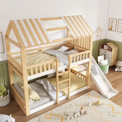 Obrázek produktu pro MODFU Dětská postel 90x200 Dvojlůžko s klouzačkou 35 cm, Rám s úložným prostorem a ochrannou lištou, Domečková postel, bez matrace, přírodní