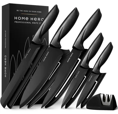 Image de Set de couteaux de cuisine - Set de 11 pièces avec étuis - Acier inoxydable - Manche ergonomique - Noir - Pour la cuisine