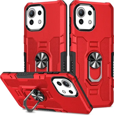 Produktbild von Xiaomi Mi 11 Lite Hülle, Dual Layer Robuste Rüstung Ringhalter Ständer Schutzhülle für Xiaomi Mi 11 Lite Rot