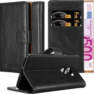 A black leather wallet-style phone case is shown open, displaying credit cards and a banknote. Another part of the case is folded into a stand.