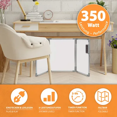 Produktbild von Heizpaneel Infrarot Schreibtischheizung Faltbar Aluminium weiß 53x108cm 350W bis 80°C Mi-Heat