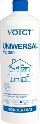 A white bottle of cleaning product with blue text and a blue cap.