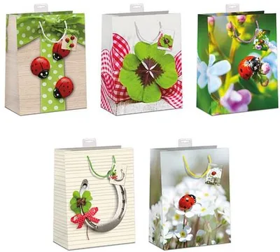 Produktbild von 10 Geschenktaschen, Sortiert Medium / A5-Format Glücksmotive, Marienkäfer, Hufeisen, Kleeblatt 19,50€ pro Türe 1,95€