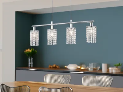 Produktbild von Pendelleuchte POSH 4-flammig Chrom, Glaslampenschirm mit Acryl Kristall Behang