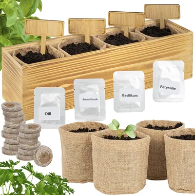 Produktbild von ONVAYA® Kräuter Anzuchtset mit Holzkiste | Indoor Kräutergarten | Grow Kit | Mini-Kräutergarten | Kräutergarten-Set mit Basilikum, Schnittlauch, Petersilie & Dill Samen