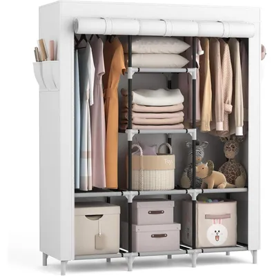 Produktbild von Stoffkleiderschrank mit 2 Kleiderstangen und 8 Ablagen, faltbar, weiß, 124 x 42 x 162 cm